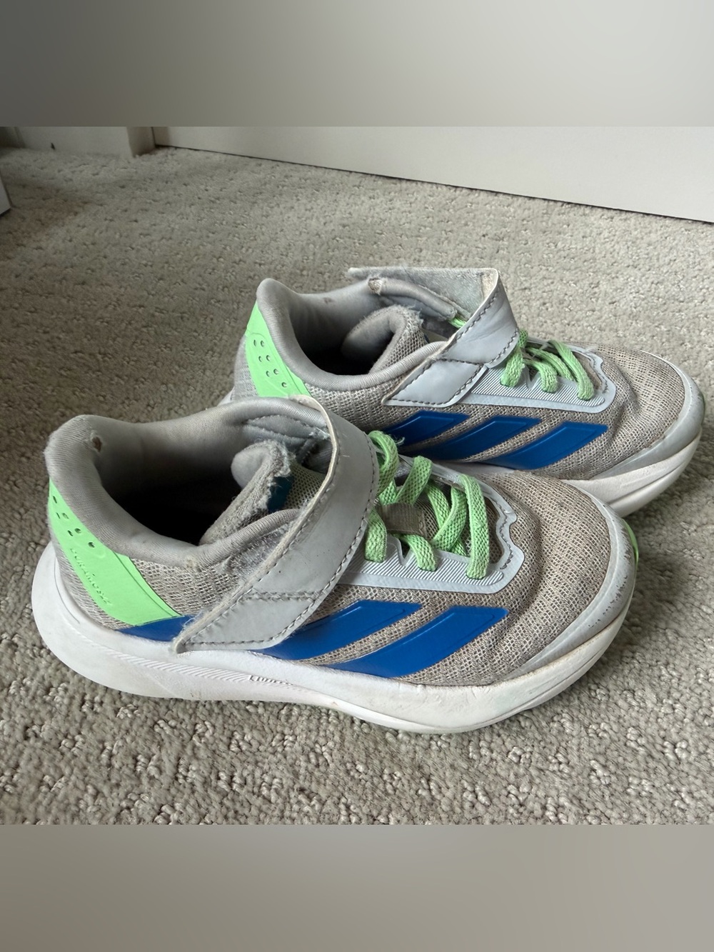 adidas Kids Gray Sneakers with Blue Stripes and Neon Green Accents